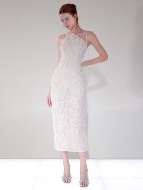 Elegant Beige Lace Midi Dress with Delicate Straps
